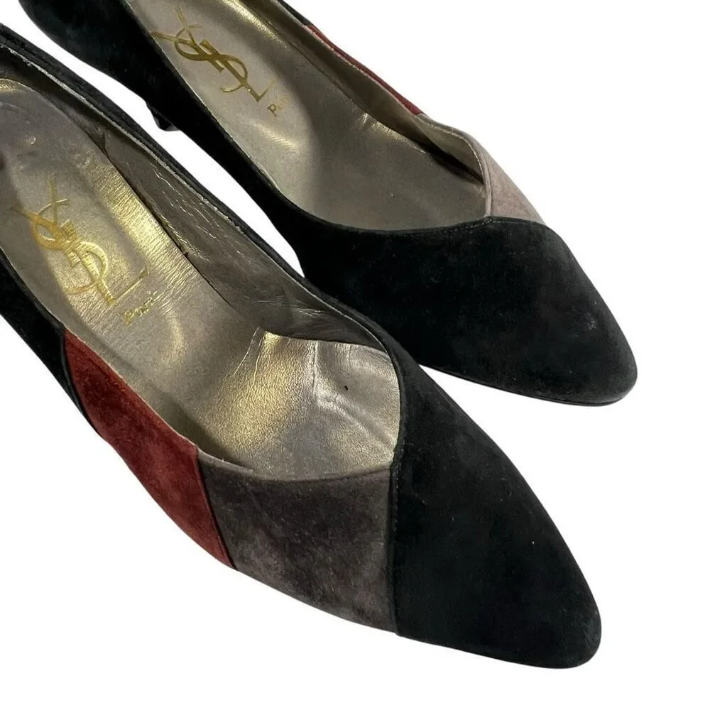 Yves Saint Laurent Black Gray & Red Suede Pumps Heels Sz6 Vintage